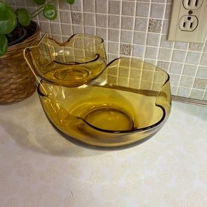 Vintage Chip‎ & Dip bowl set with clip amber glass MCM